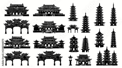 Collection of traditional East Asian architecture silhouettes featuring ornate pagodas, ancient temple buildings, and decorative ornamental gateways