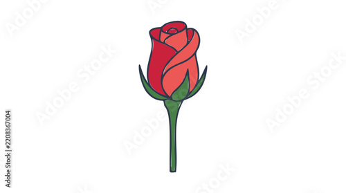 Single red rosebud illustration with green stem, symbolizing love, romance, and passion, perfect for floral designs and romantic themes. A beautiful and elegant symbol of affection