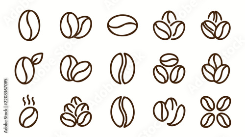 A comprehensive collection of coffee bean line art icons featuring various arrangements and roasting styles for minimalist design projects and menus