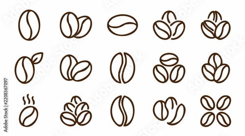 Coffee Bean Line Icon Set with Roasted Espresso Seeds Cafe Symbols and Organic Beverage Vector Elements