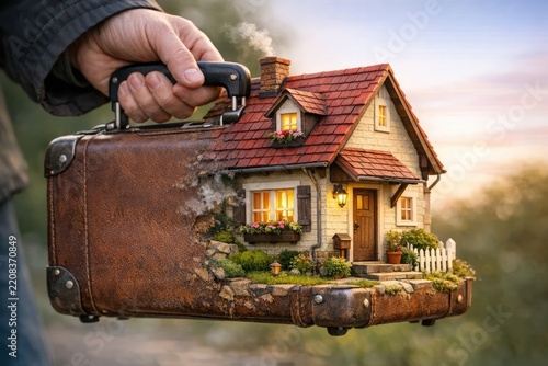 A person holds a suitcase with a tiny house on it, possibly for travel or adventure