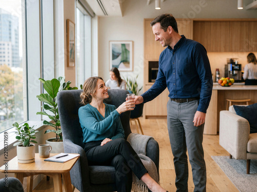 Coworker offering water to recovering woman in welcoming office lounge during workplace wellness support