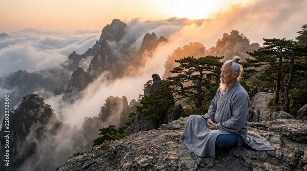 Fototapeta premium Daoist hermit meditate: Taoism path, misty peak, mountain shrine, pine cliff, sunrise haze, solitary master, spiritual harmony, serene contemplation, ancient wisdom.