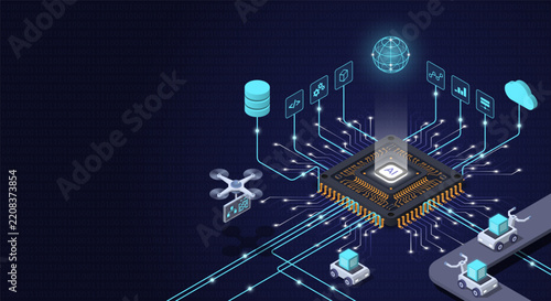 Tapety artystyczne 3D isometric Artificial Intelligence AI Microchip vector concept. Automated data processing ecosystem with robots, drone, global network, cloud computing and big data infrastructure.