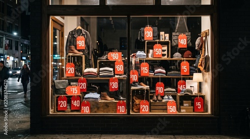 Clothing store window display at night featuring sale items with red price tags and mannequins showcasing apparel