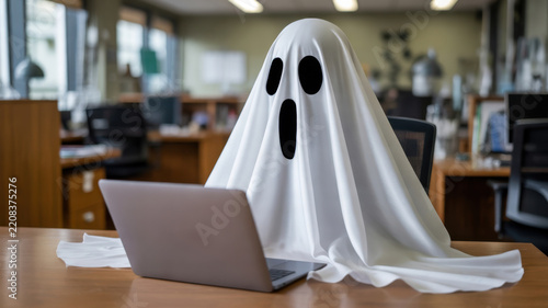 Ghost costume with a surprised face working on a laptop in an office