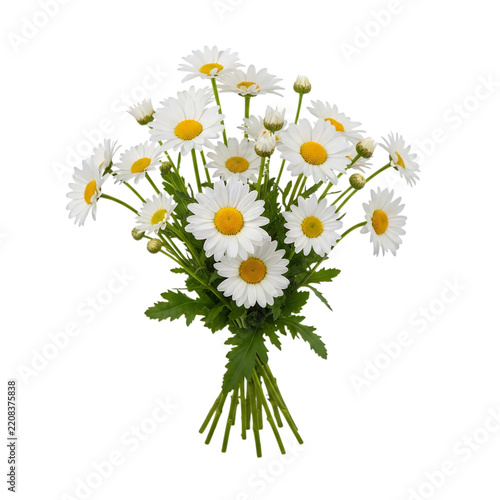 A beautiful bouquet of fresh white daisy flowers with green leaves