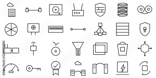 Cloud Computing and Data Infrastructure Sharp Line Icon Set- Cloud Server, Hard Drive, Firewall Shield, Network Switch and Database Stack for IT and DevOps Design