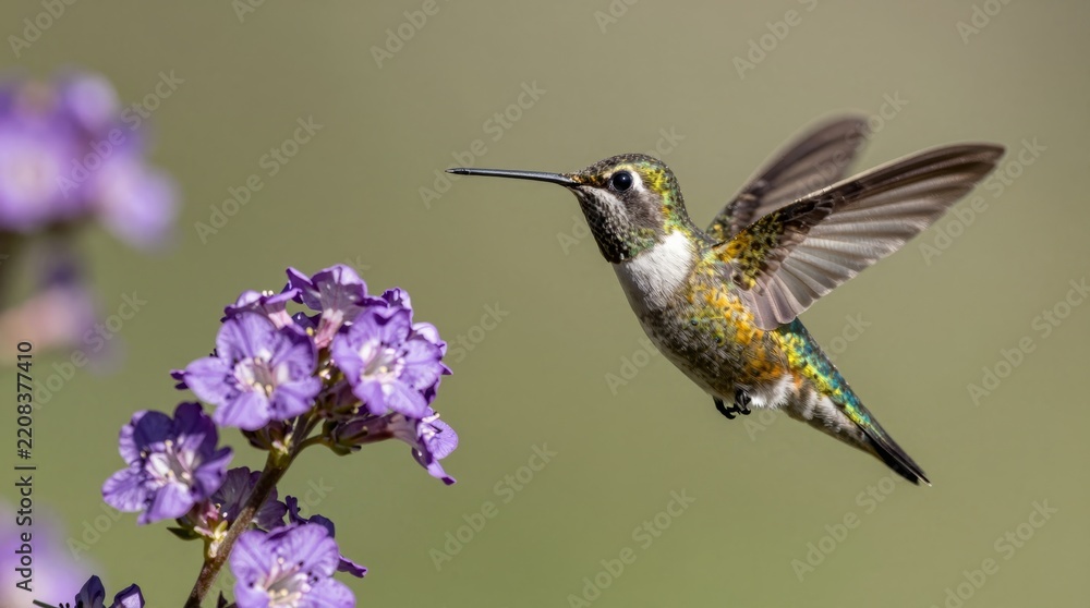 Fototapeta premium A dazzling hummingbird captured in mid-flight near purple blossoms, showcasing its iridescent feathers and grace. Perfect for nature enthusiasts and wildlife lovers.