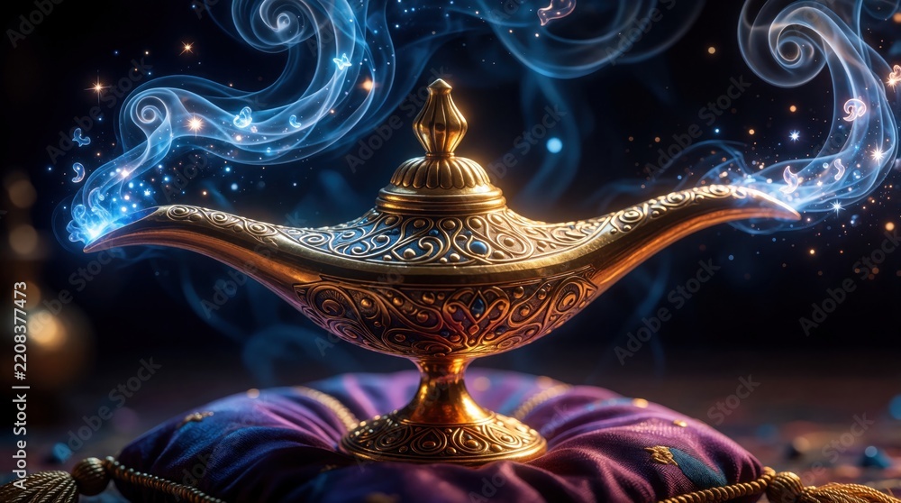 Obraz premium Golden magic lamp on purple cushion with glowing blue smoke. Mystical genie lamp creates sparkles, fantasy wishes in dark background. Arabian style antique oil lamp emits magical light, fairy tale