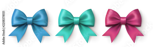 Three glossy satin ribbon bows in blue, teal and pink on a white background. Colorful bow set for gifts, cards and design projects. Vector EPS 10.