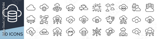 Set of 30 outline icons related to cloud. Linear icon collection. Editable stroke. Vector illustration