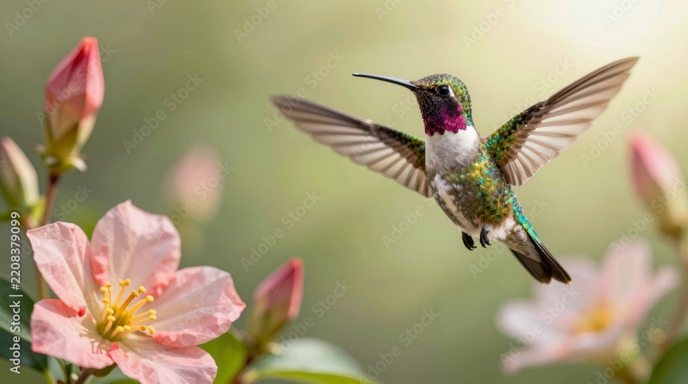 Fototapeta premium A stunning hummingbird hovers gracefully near pink flowers, showcasing its vibrant feathers and delicate wings in a serene garden setting. Perfect for nature lovers.