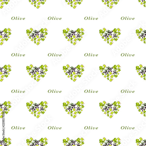 charming seamless pattern with several fresh green olives decorated in a shape of heart with a text Olive, no background, summer edition, Mediterranean inspiration
