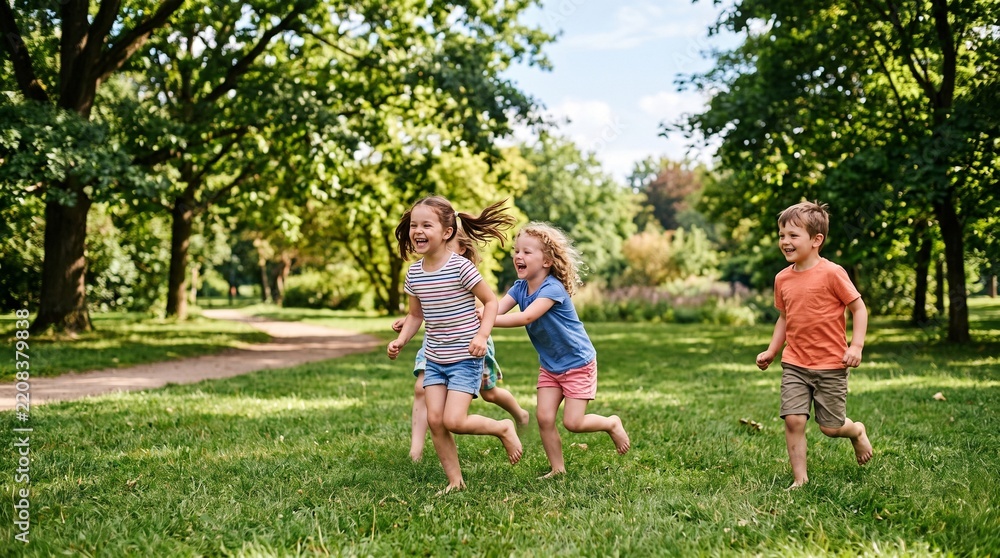 Obraz premium Joyful children running barefoot on green grass in a sunlit park with trees and blue sky