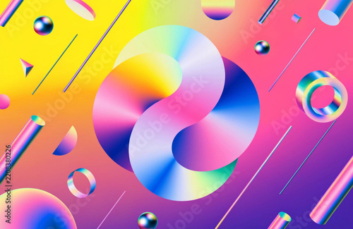 Geometric abstract shapes with holographic colors and bright gradient background.