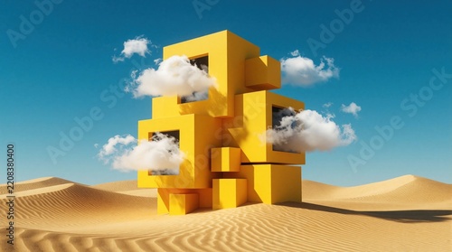 Surreal digital art shows yellow cube structures in vast sandy desert. Abstract square portals absorb white fluffy clouds under blue sky. Minimalist 3D rendering creates dreamlike illusion with
