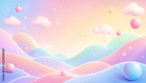 Soft pastel hills with cute spheres and stars for whimsical design.