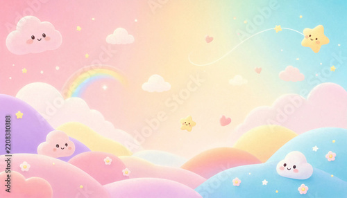 Cute cartoon clouds and stars in pastel rainbow sky for kids.