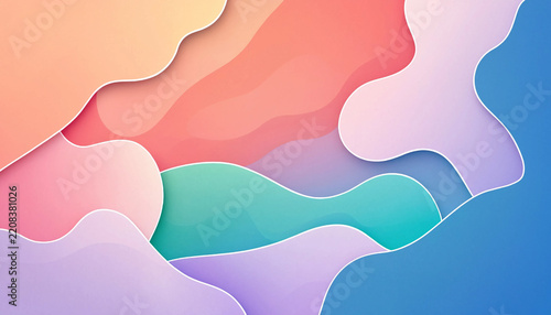 Abstract layered shapes in vibrant coral pink purple blue and teal colors.