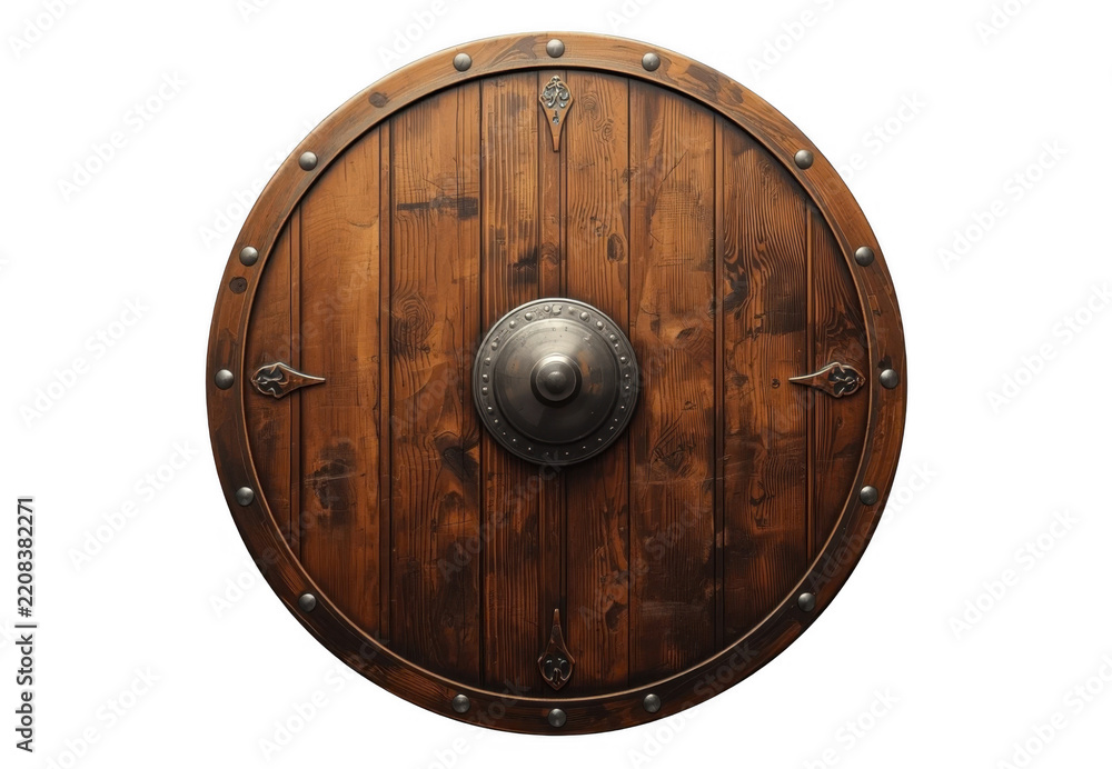 Obraz premium Round wooden medieval viking shield with metal boss