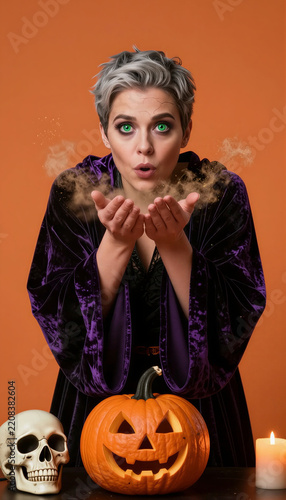 Young woman in purple velvet robe blowing magic dust behind carved