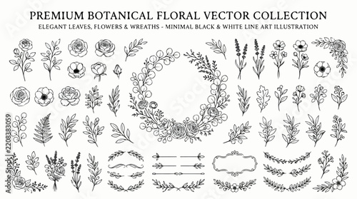 Botanical floral vector collection with elegant leaves flowers and wreaths in black and white line art