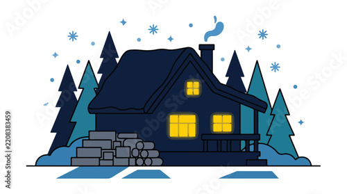Cozy winter cabin illustration with glowing warm lights and falling snow in pine forest