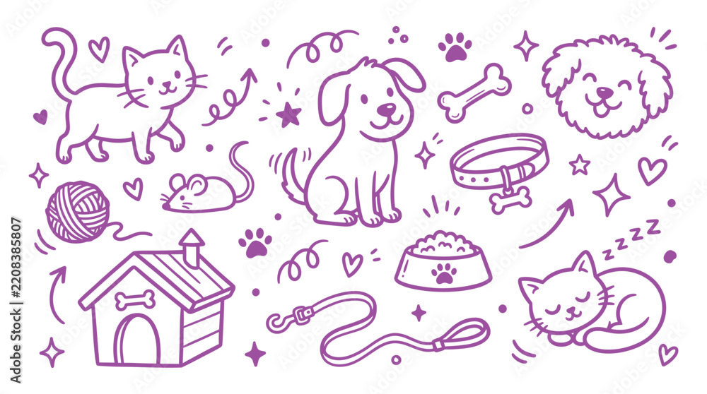Fototapeta premium Hand drawn doodle set of pet supplies and animals including a cat, dog, puppy, mouse, yarn ball, food bowl, collar, leash and house