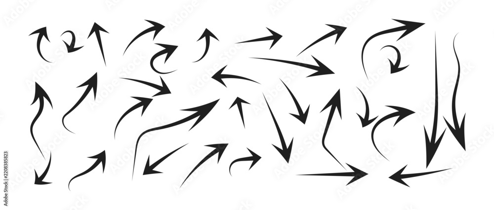 Fototapeta premium Hand drawn curved arrow collection with dynamic sketch strokes for direction, movement, navigation, workflow and creative design