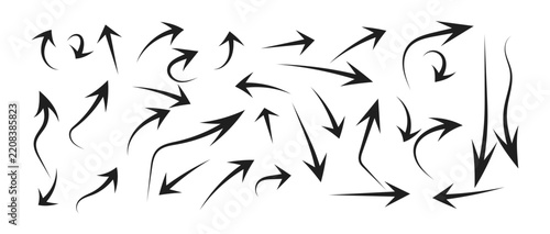 Hand drawn curved arrow collection with dynamic sketch strokes for direction, movement, navigation, workflow and creative design