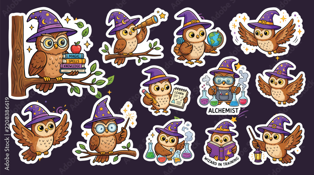 Obraz premium Magical wizard owl stickers set with cute characters learning spells, reading books, doing alchemy, and flying with wands