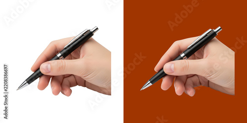 A person hand holding a black metal ballpoint pen for writing and drawing transparent background, png
