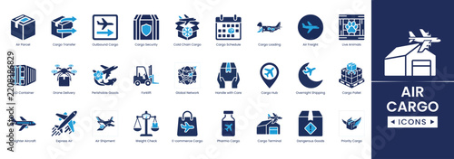 Set of air cargo icons, vector illustration of logistics, shipping, transportation, and freight services in flat design style, 4k animated stock video