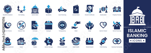 Set of islamic banking icons featuring financial services, sharia compliance, investment, and banking concepts in a modern flat design, 4k animated stock video