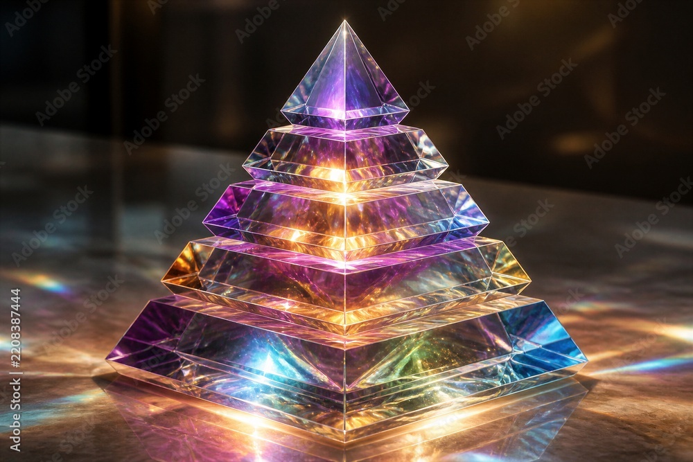 Obraz premium Glass pyramid prism refracting multicolored light on surface