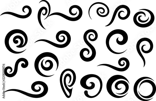 Swirl icon set collection with black decorative scroll elements and artistic rounded shapes for creative