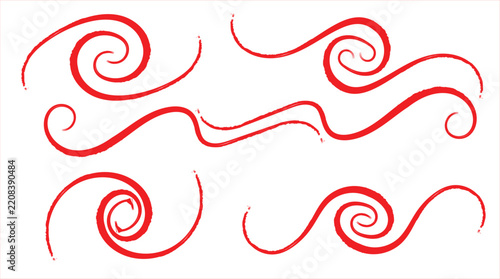 Set of hand drawn red brush stroke swirls and wavy lines isolated on a clean white background