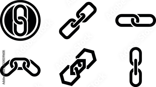 Set of chain link and hyperlink icons in black silhouette vector illustration