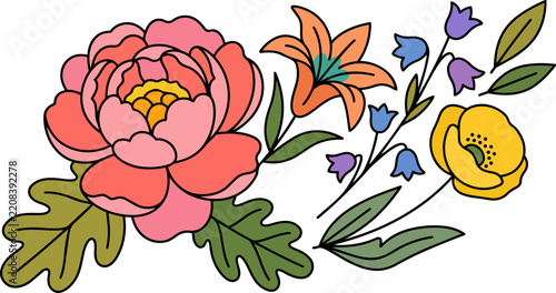 Floral botanical icon set featuring colorful garden flowers, leaves, and stems arranged in a playful line
