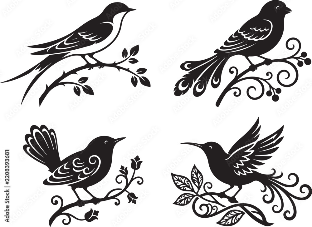 Fototapeta premium Four artistic silhouettes of birds perched on ornate branches with leaves, flowers, and berries in a detailed black and white style for decorative crafting and projects