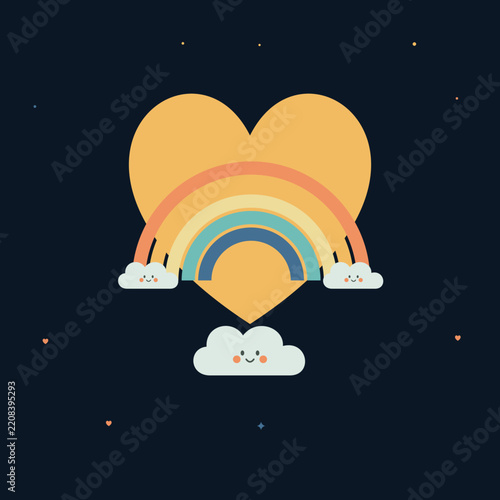 Yellow heart with rainbow and clouds in dark sky for valentine or love greeting cards