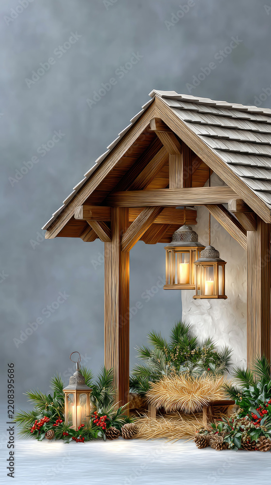 Obraz premium Rustic wooden manger scene with glowing lanterns, pine branches and cones among rocks, evoking a peaceful christian christmas setting symbolizing faith and the birth of christ