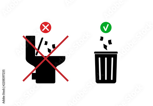 Do Not Flush Toilet Sign Illustration Showing Trash Should Be Disposed In Bin Not Toilet 