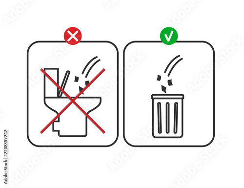 No Trash In Toilet Sign Illustration Showing Proper Disposal In Bin For Restroom Hygiene And Plumbing.