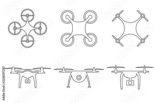 Drone and Quadcopter Line Art Icon Set Six Outline Drone and Camera Quadcopter Sketches.