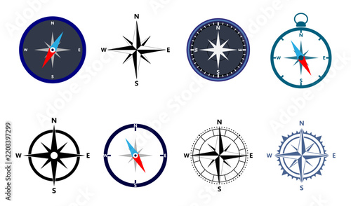 Set Of Compass Rose Navigation Icons and Compass Vector Illustrations for Travel and Direction.