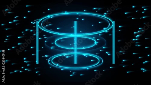 Neon blue cybernetic hologram cylinder with glowing particle motion background