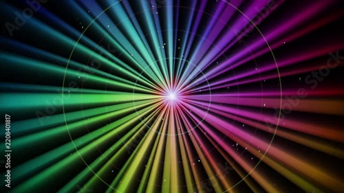 Vibrant rainbow light rays bursting with circular hud and floating particles abstract background spectrum