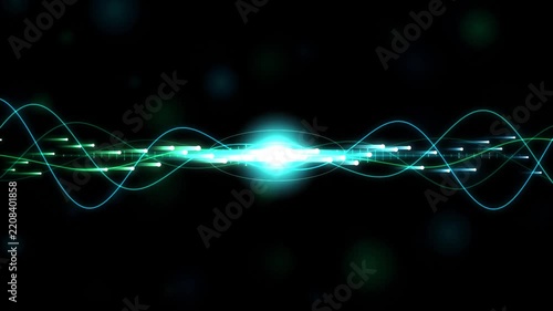 Abstract digital sound wave equalizer with glowing light particles and neon energy lines background technology
